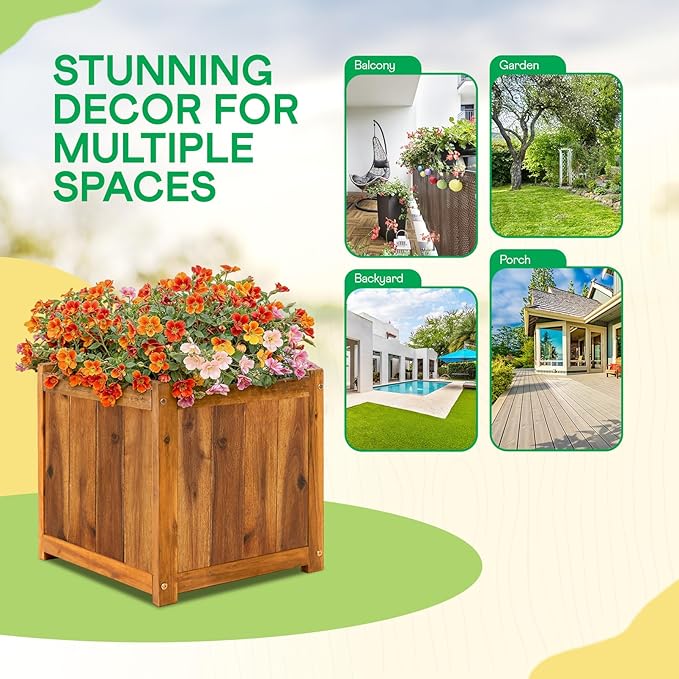 IDZO Acacia Wood Flower Planter Box for Outdoor Plants, 1pc Wooden Raised Garden Bed with Handles, Drainage Holes, Ideal for Garden and Home Décor, Light Cherry-VerdiqueGarden