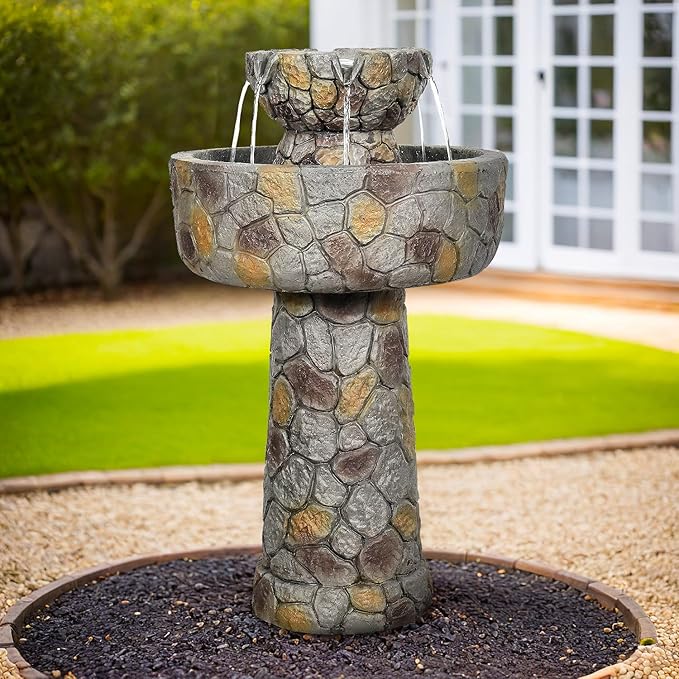 SunJet 25.7” High x 15.3” Diameter Concrete Bird Bath with Faux Stone Finish - Outdoor Water Fountain with Electric Pump - Birdbath for Garden, Patio, Yard, Lawn Décor-VerdiqueGarden