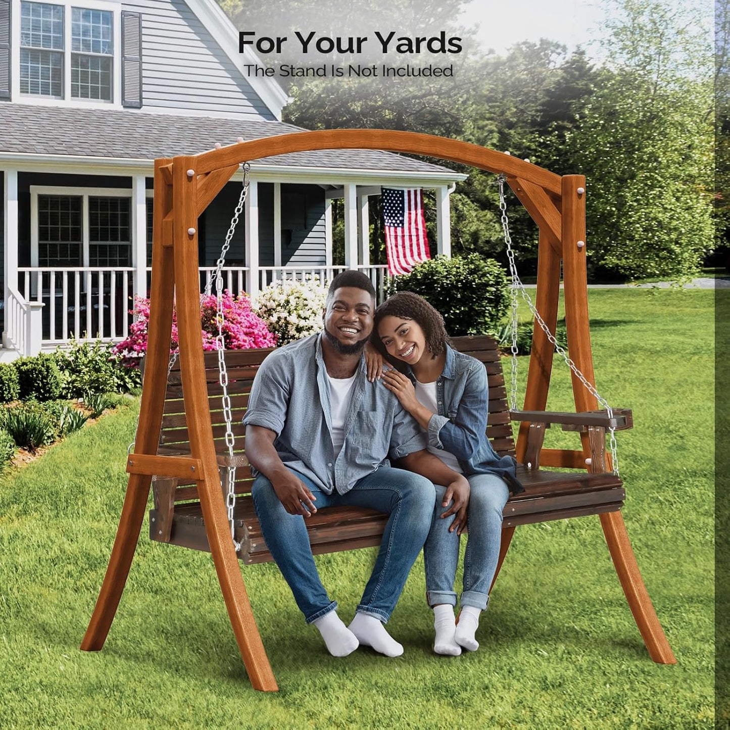 VINGLI XL Size Patio Wooden Porch Swing Outdoor with Cup Holders & Phone Slots, Heavy Duty 880 LBS Hanging Swing Chair Bench with Hanging Chains for Yard, Lawn, Garden (5 FT Pro, Rustic)-VerdiqueGarden