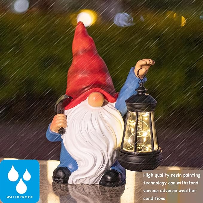 Garden Gnome Statue Solar Light Outdoor Decorations Figurine with Lantern Led Shovel Sculpture Lawn Patio Yard Porch Outside Christmas Housewarming Gifts for Women Mother's Day Grandma-VerdiqueGarden