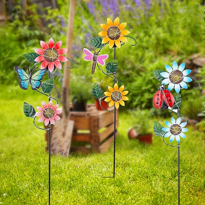 3 Pack Solar Garden Light, Sunflower & Insect Metal Solar Stake Lights, Outdoor Statues Figurine Lights for Spring Garden Lawn Patio Yard Decor-VerdiqueGarden