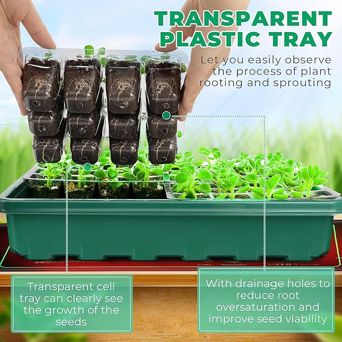 Seed Starter Tray, Seed Starter Kit with Grow Lights and Heat Mat, 96-Cell Seed Growing Tray, Seed Starting Trays Plant Starter Kit and Base, Indoor Gardening Plant Germination Trays (2)-VerdiqueGarden