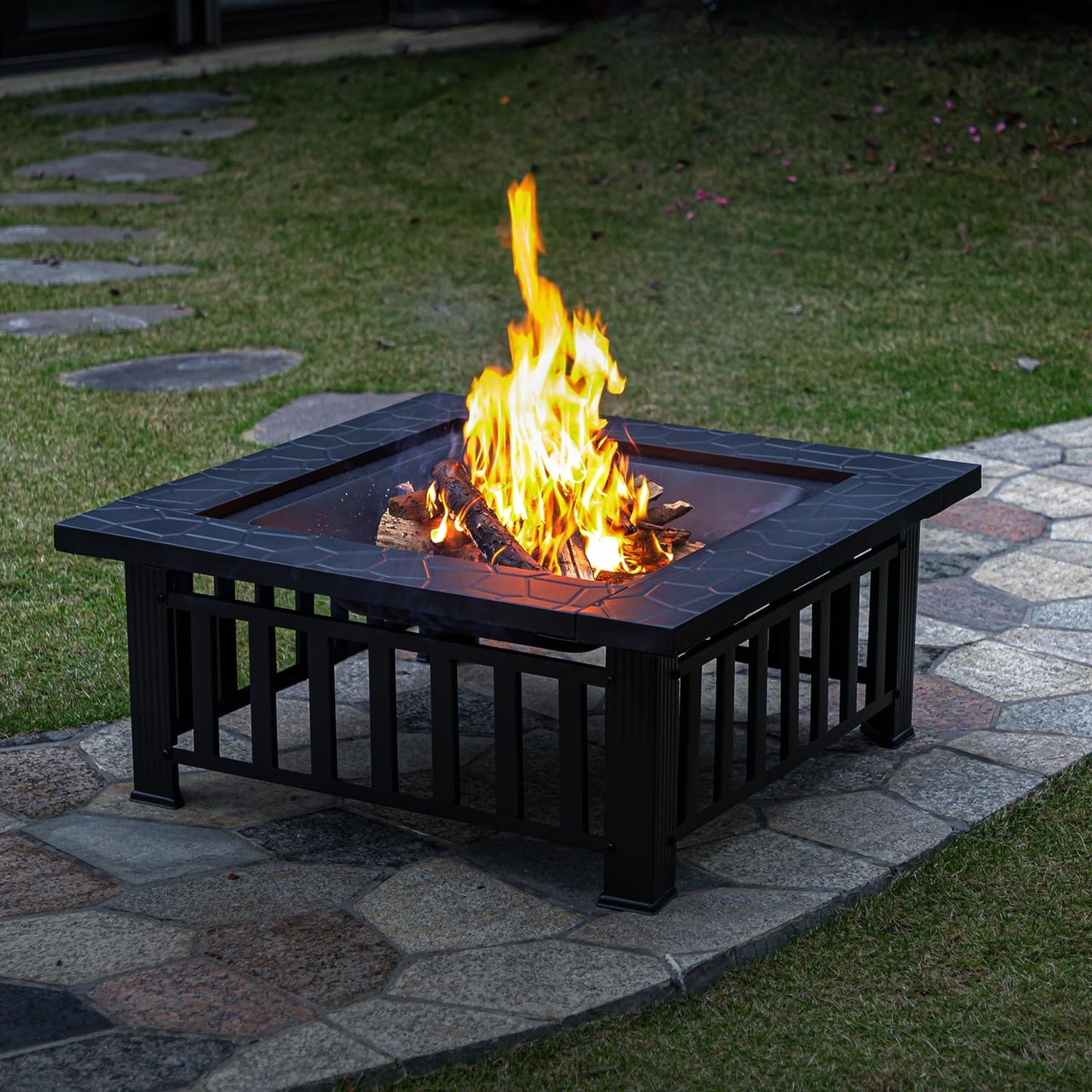 Multifunctional Fire Pit Table 36 inch Square Metal Firepit Stove Backyard Patio Garden Fireplace for Camping, Outdoor Heating, Bonfire and Picnic-VerdiqueGarden