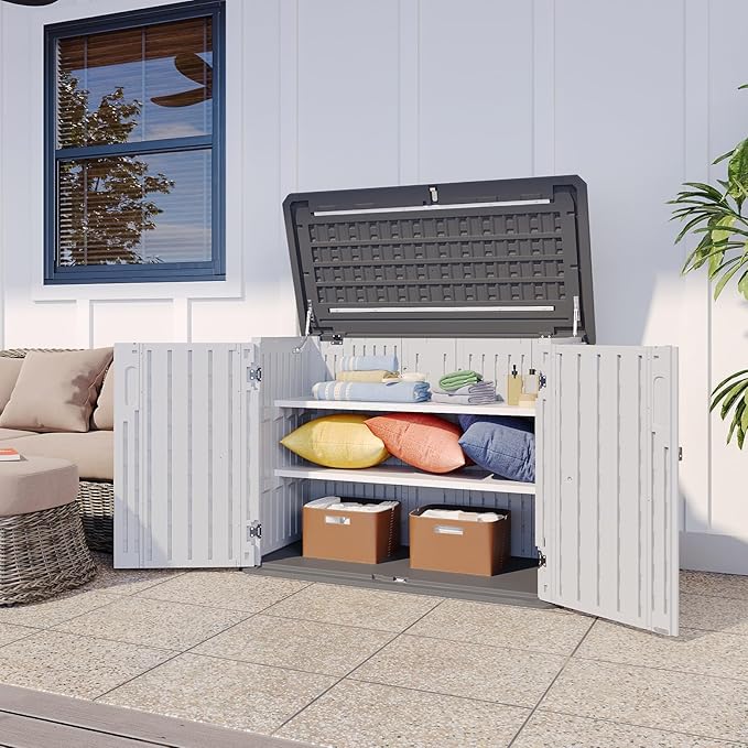 Aoxun White Outdoor Storage Cabinet with 2 Shelves, 35 Cu.Ft Trash Can Storage Shed, Waterproof, Horizontal Storage for Garbage Bin, Generator, Lawn Mower-VerdiqueGarden