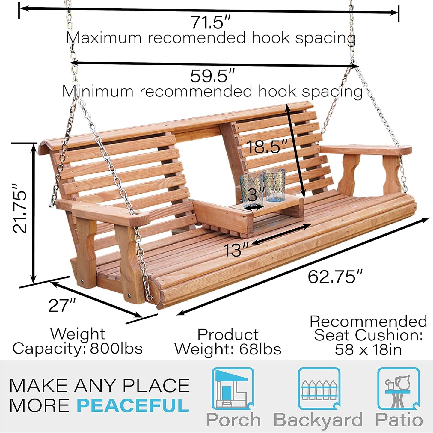 Porchgate Amish Heavy Duty Console Porch Swing with Fold Down Cup Holders in Cedar Stain - Amish Made in The USA from Treated Pine, Hanging Chains Included-VerdiqueGarden