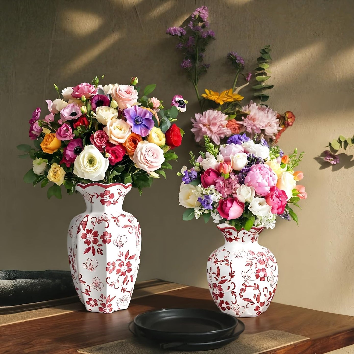 Chinoiserie Vase,Red and White Vase,Vintage Ceramic Vases,Flower Vase for Centerpiece,Chinese Cute Vases for Living Room, Office,Home Decor (Red White, Small)-VerdiqueGarden