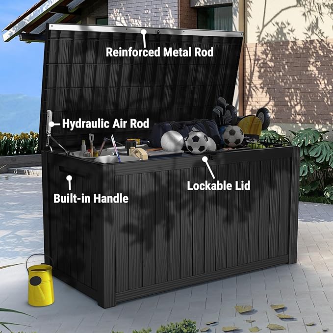 Mars Villa 180 Gallon Outdoor Storage Box Waterproof, Extra Large Resin Deck Box, Outside Storage Bin for Patio Furniture Cushions, Pool Supplies, Sports Gear, UV Resistant and Weatherproof, Black-VerdiqueGarden