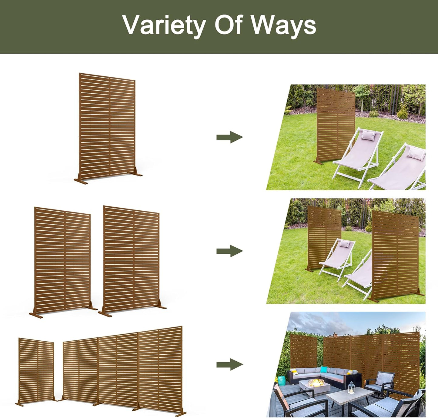 Metal Privacy Screen Outdoor 72" H×47" W, Freestanding Decorative Privacy Screen for Balcony Yard&Garden,Privacy Fence-Brown&Louvered-VerdiqueGarden