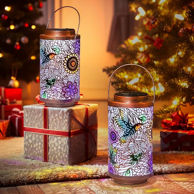 2Pack Solar Lanterns Outdoor Waterproof Hummingbird Gardening Gifts for Women, Multicolor Solar Lights Patio Lantern for Backyard Garden Decor, Porch, Outside, Mothers' Day Gifts for Mom Grandma-VerdiqueGarden