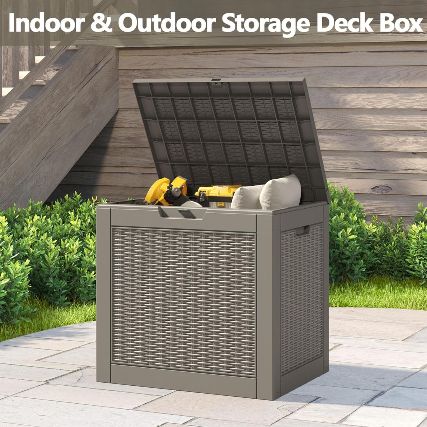 Deck Box, 31 Gallon Resin Outdoor Storage Box, Waterproof and UV Resistant Lightweight Storage Deck Box for Garden Tools, Supplies-VerdiqueGarden