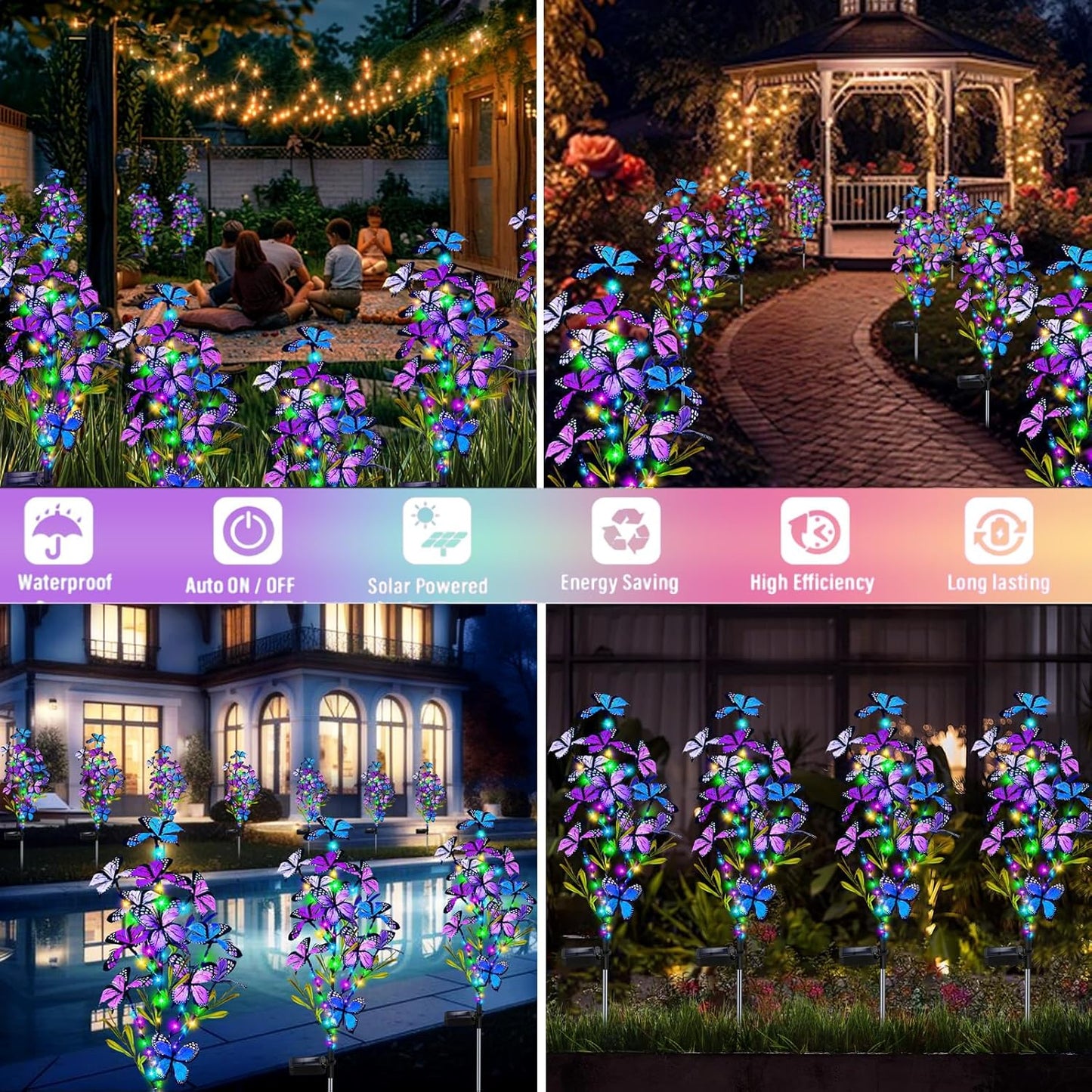 Solar Garden Lights Outdoor, Waterproof 2 Pack Solar Butterfly Lights with 60 LED 12 Butterfly Colorful Lighting for Garden Yard Lawn Outdoor Decor, Gift for Mom Women Mother's Day-VerdiqueGarden