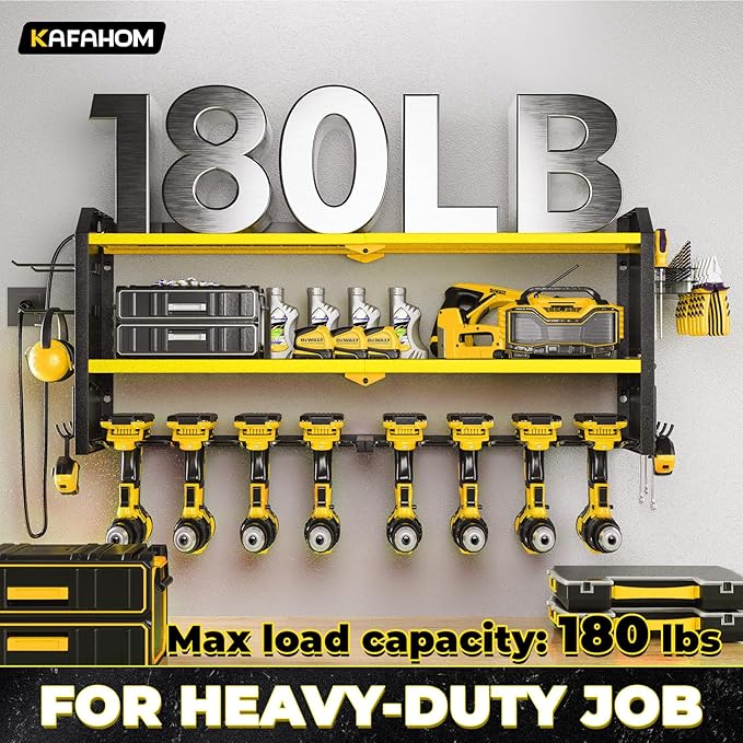 KAFAHOM Power Tool Organizer with Charging Station, Built in 8 Outlet Power Strip,Large 8 Drill Holder Wall Mount, Heavy Duty Metal Power Tool Storage Rack Tool Shelf for Garage Organization Yellow-VerdiqueGarden