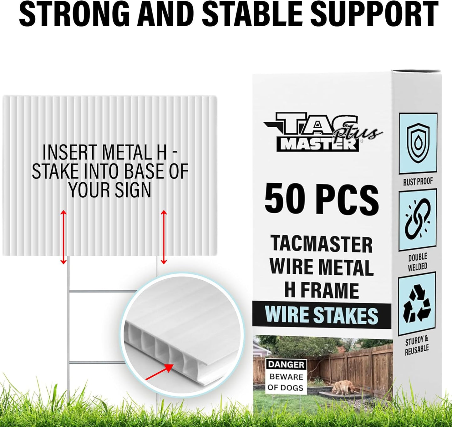 Tacmaster Wire Metal Yard and Sign H Stakes – Durable Blank Lawn Sign Posts for 4mm Corrugated Panels, Real Estate Signs, Waterproof and Wind Resistant, Ideal for Outdoor Use, 30"x10" – 50 Pack-VerdiqueGarden