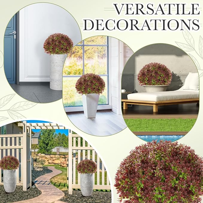 Yunlly 4 Pack 18" Artificial Boxwood Ball Bush Topiary Trees Fake Outdoor Plants, Realistic UV Resistance Faux Shrubs with Spike Greenery Topiary for Front Porch Garden Yard Patio Indoor (Dark Red)-VerdiqueGarden