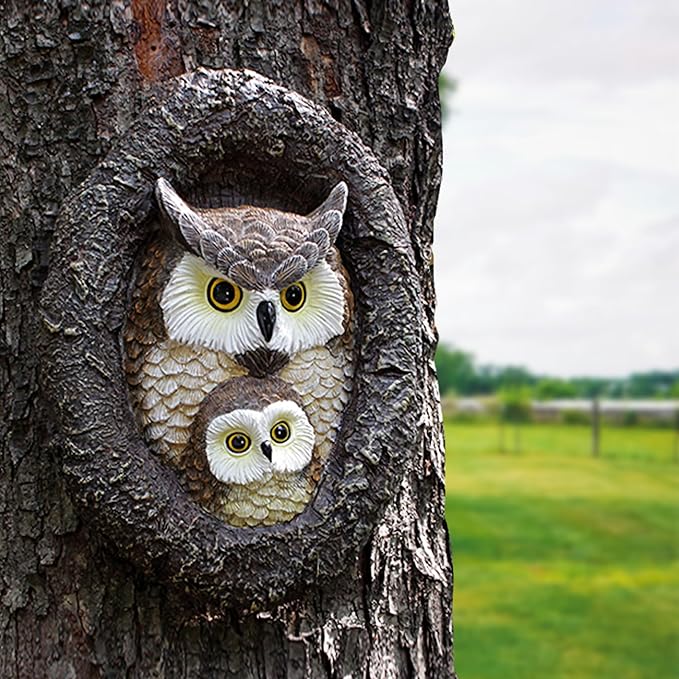 Owl Mom and Owlet Tree Hugger, Outdoor Garden Sculpture Tree Faces, Owl Bird Garden Resin Statue, Tree Peeker Ornament, Durable & Waterproof, Decorations Gardening Presents for Housewarming Birthday-VerdiqueGarden