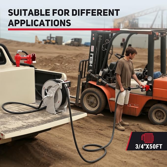 Fuel Hose Reel 3/4" x 50' Retractable with Fueling Nozzle Diesel Hose Reel 300 PSI Industrial Auto Swivel Heavy Duty Steel Construction for Farm Ship Vehicle Tank-VerdiqueGarden