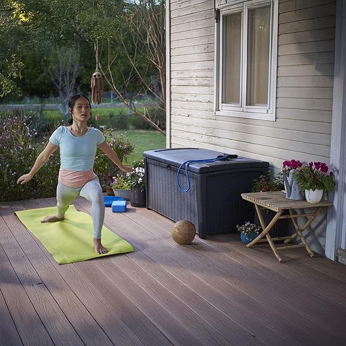 Keter Outdoor Storage Deck Box for Patio, Backyard & Garden, Borneo, 110 Gal, Grey - Lockable, Organizing, and Waterproof Plastic Container Bench-VerdiqueGarden