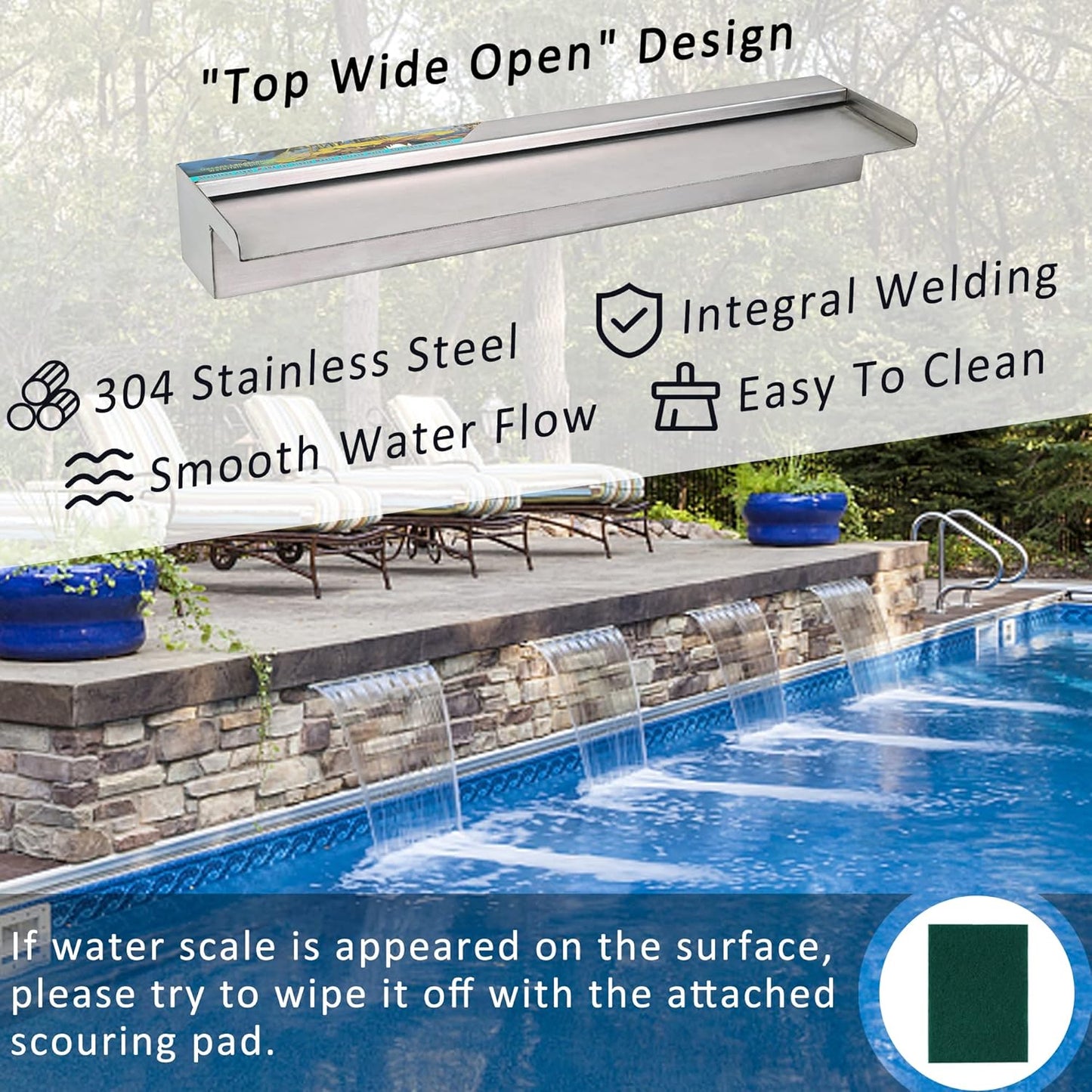 YUDA 24 Inch Water Pool Fountain, 304 Stainless Steel Pool Waterfall with Wider Water Flow Platform, Professional Waterfall Spillway for Sheer Descent Garden Outdoor-VerdiqueGarden