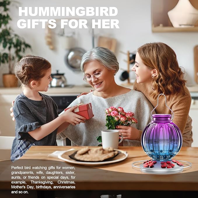 Glass Hummingbird Feeder for Outdoors Hanging, 26Oz Bird Nectar Feeder with Perch & 5 Flower Feeding Ports, Leak Proof for Outside Garden Decor Backyard, Gifts for Women Mom, Purple Blue-VerdiqueGarden