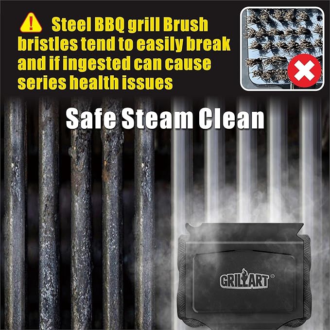 GRILLART Grill Brush Bristle Free. SteamWizards BBQ Replaceable Cleaning Head, Seamless-Fit Scraper Tools for Cast Iron/Stainless-Steel Grates Griddle, Safe Barbecue Grill Cleaner Brush-Dark Black-VerdiqueGarden