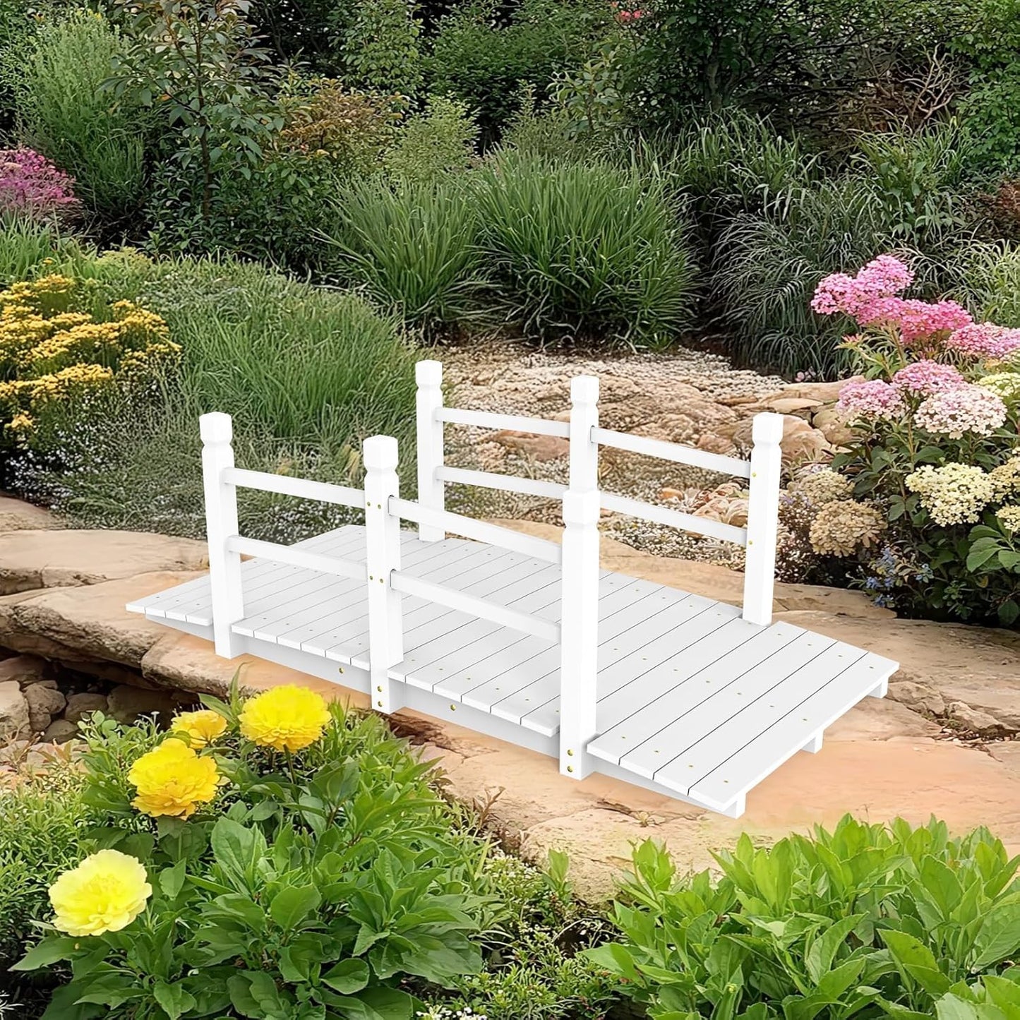 VINGLI Garden Bridge, Classic Wooden Arch with Safety Rails Footbridge (White, 5 ft)-VerdiqueGarden