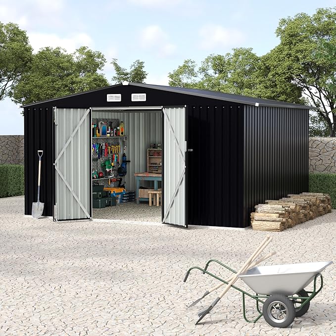 8x10 FT Metal Storage Sheds Outdoor with Floor, Metal Yard Sheds Garden Shed Kit, MetalTool Shed with Lockable Door, Metals UtilitySheds Buildings with Air Vent for Backyard Garden Patio Lawn-VerdiqueGarden