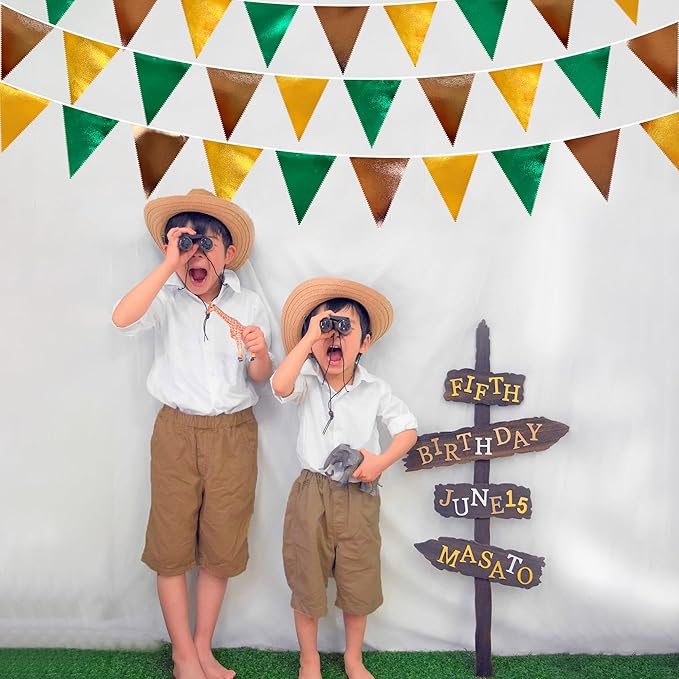 Green Gold Brown Metallic Fabric Triangle Pennant Banner Flag Bunting Garland for Football Jungle Safari Wild Woodland Birthday Baby Shower Wedding Bachelorette Graduations Party Decorations Supplies-VerdiqueGarden