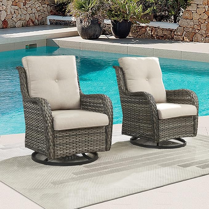 Outdoor Patio Swivel Rocker Chairs - Wicker Rattan Patio Swivel Rocking Chairs Set of 2 with High Back,Deep Seating and Comfort Cushions for Deck Porch Garden,Mixed Grey/Beige-VerdiqueGarden
