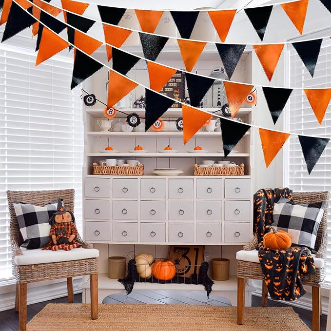 Black Orange Party Decoration Metallic Fabric Triangle Pennant Banner Flag Bunting Garland for Graduation Halloween Fall Autumn Thanksgiving Birthday Wedding Baby Shower Bridal Shower Party Supplies-VerdiqueGarden