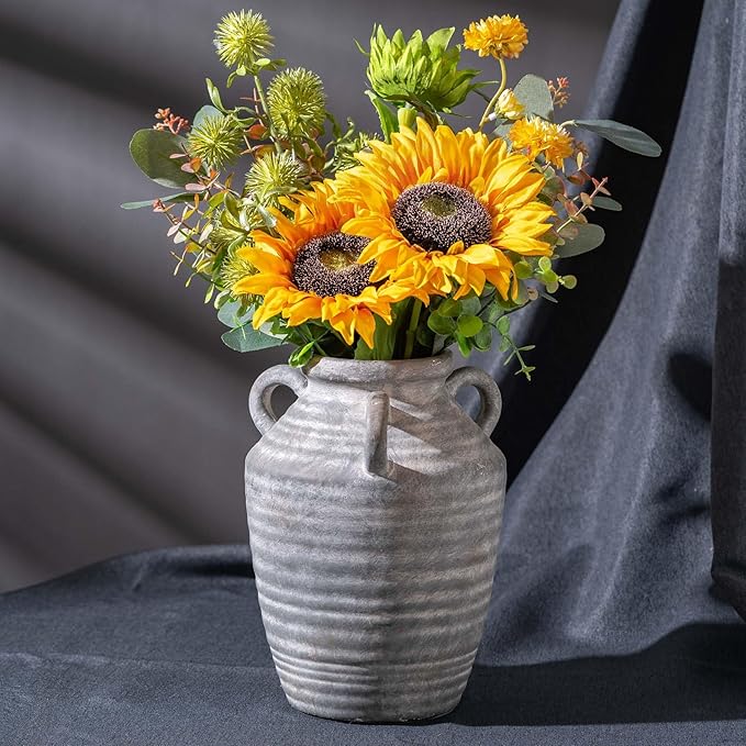 Grey Terracotta Ceramic Vase with Handles, Vintage Rustic Pottery Vases for Table Centerpiece, Cottage Core Home Decor, Large Flower Vases for Bouquet Entryway Mantel Bookshelf Living Room 8.9 Inch-VerdiqueGarden