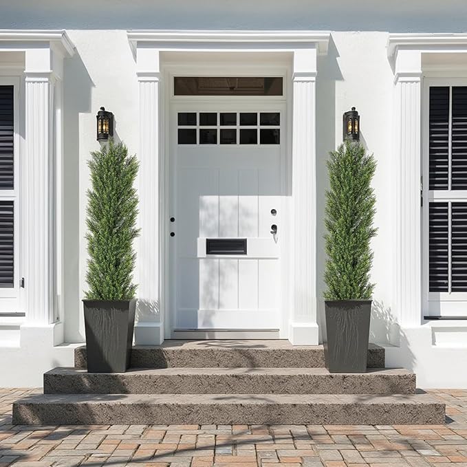 THE BLOOM TIMES 6ft Tall Topiary Trees Artificial Outdoor – UV Resistant Faux Cedar Pine Cypress Bushes and Shrubs, Fake Potted Plants for Front Porch Outside Planter Patio Decor, Set of 2 (6 Foot)-VerdiqueGarden