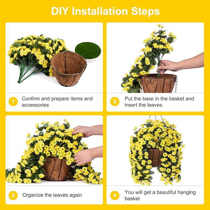 NXUGAO Artificial Flowers with Hanging Basket for Outdoors Indoors Decor, Faux Silk Chrysanthemum Plants in Baskets for Home Decoration Garden Yard Patio, 4 Bundles with 1 Basket-VerdiqueGarden