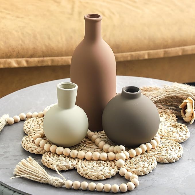 Vase Set of 3 | Ceramic Neutral Vases Home Decor | Rustic Flower Pottery Vases Modern Farmhouse Vase for Table Entryway Mantel Centerpiece Bookshelf Living Room Bathroom Bedroom -Brown Large-VerdiqueGarden