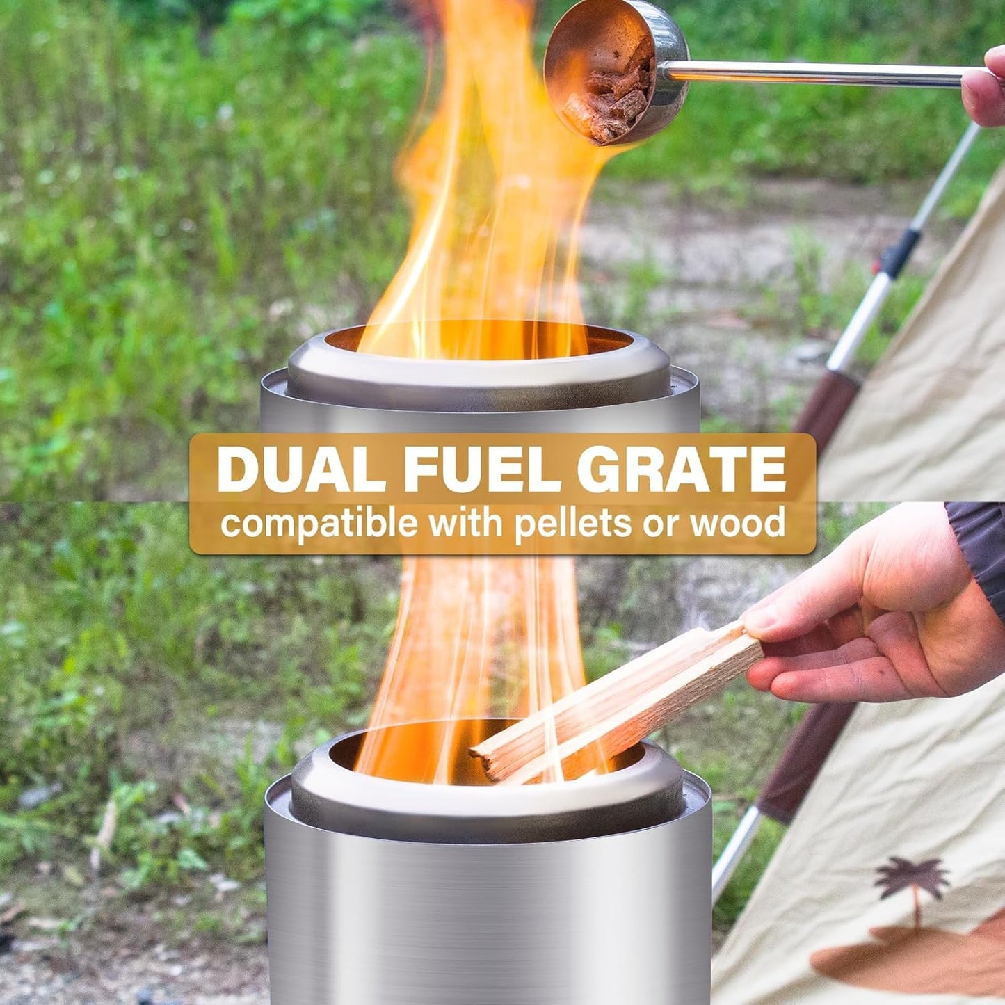 HGD 9.8 x 8.7 in Small Tabletop Fire Pit, Portable Mini Smokeless Table Top Firepit, Low Smoke Camping Stove for Outdoor & Patio, Fueled by Pellets or Wood, with Travel Bag, Stainless Steel, Silver-VerdiqueGarden