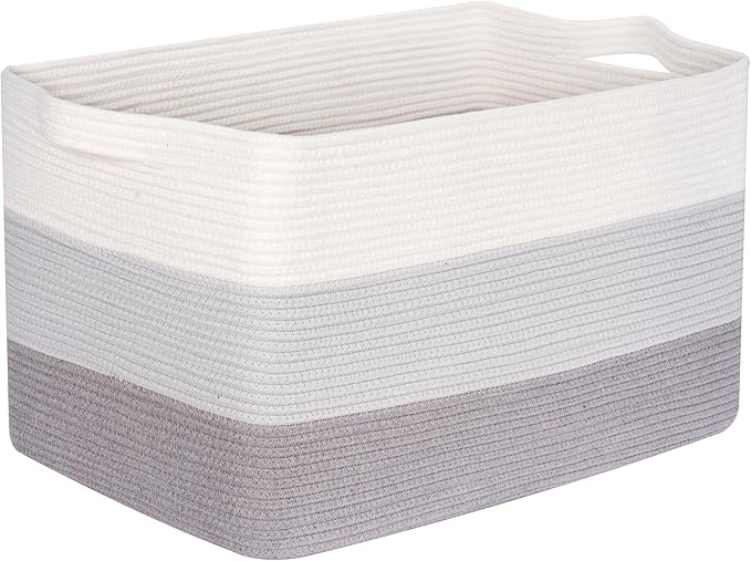 MINTWOOD Design 22in Extra Large Blanket Basket Holder Living Room, Rectangle Rope Woven Storage Basket with Handles for Laundry, Pool Towels, and Shoes, Dog Toy Organizer Bin Box, 3-Tone Light Gray-VerdiqueGarden