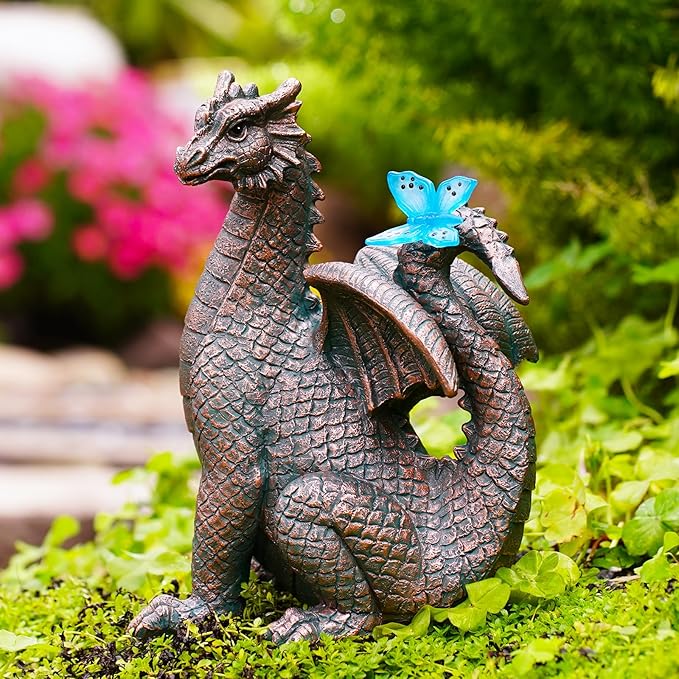 Garden Decor Solar Dragon Statues: Outdoor Sculptures with Glowing Butterfly for Lawn Ornaments Yard Art Porch Patio Balcony - Gifts for Mom Grandma Women-VerdiqueGarden