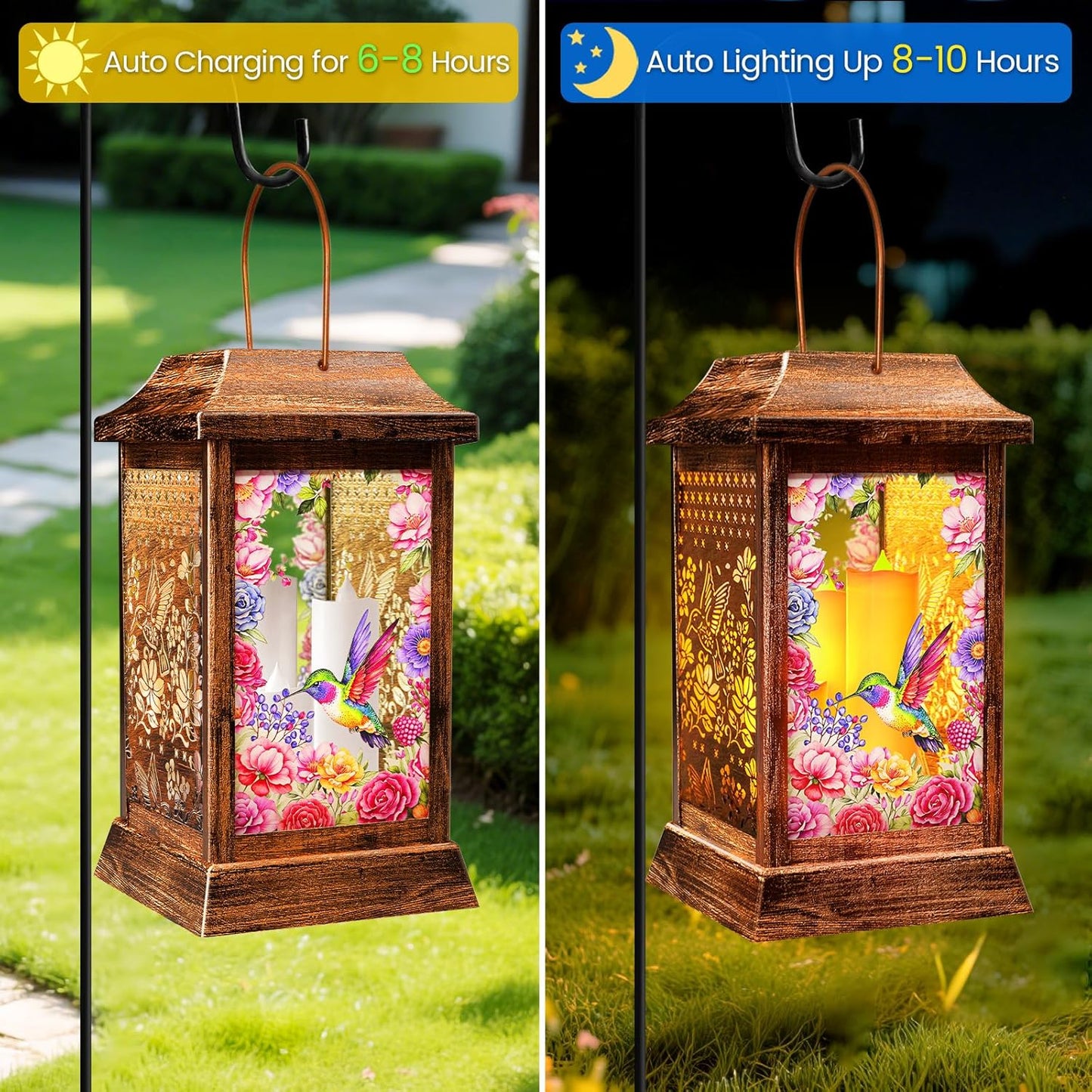 Hummingbird Solar Lanterns Outdoor Hanging Lanterns, Metal Glass Garden Decor Solar Lights, Gifts for Women Mom Birthday Grandma Mothers Day, Waterproof Decorative Lantern for Outside Patio Yard-VerdiqueGarden