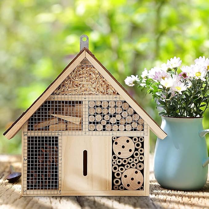 Small Insect Hotel with Bark Roof - Untreated Natural Wood Insect House for Bees, Ladybugs, Lacewings & Butterflies - Nesting Aid for Hanging, Bee Hotel-VerdiqueGarden