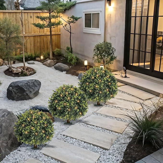 ICX 2 Pack 24" Artificial Boxwood Topiary Ball Trees with Ground Spike,Artificial Plants Outdoor,Fake Bushes & Shrubs for Porch, Garden, Front Porch Decor - Indoor/Outdoor Faux Plants-VerdiqueGarden