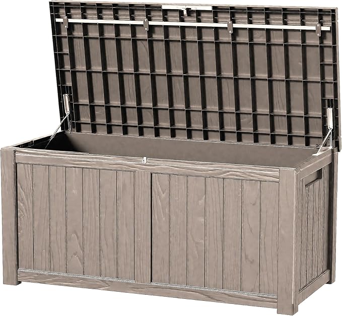 120 Outdoor Storage Box, Waterproof Resin Deck Box for Indoor & Outdoor Use, Lockable Storage Bench with Piston Hinge, Storage Bin for Patio Cushions, Garden Tools, Package Delivery, Grey-VerdiqueGarden