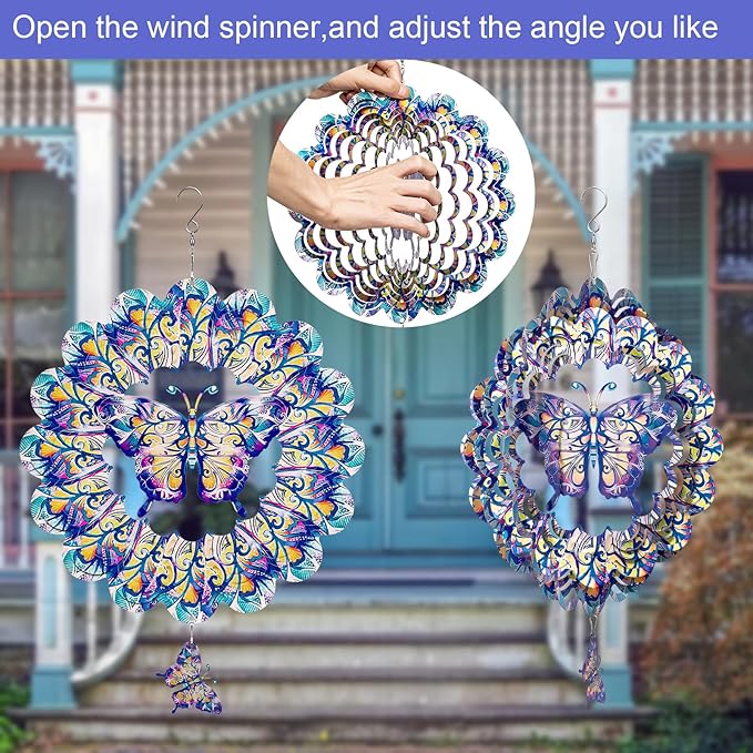 TUOKING Butterfly Wind Spinners Outdoor for Yard and Garden Decor 3D Hanging Wind Sculpture 12 Inch Stainless Steel Wind Spinner Decoration Worth Gift for Women-VerdiqueGarden