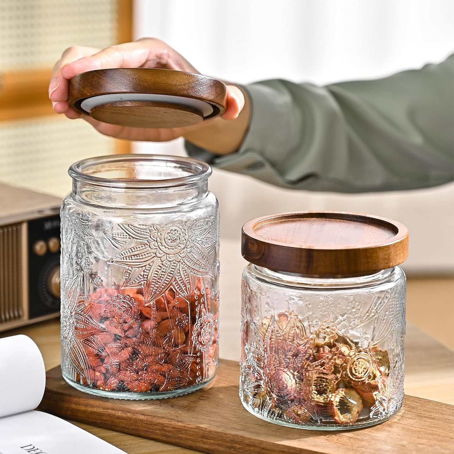 24oz Vintage Glass Canister With Lid Small Glass Jars Wide Mouth Mason Jars Airtight Coffee Canisters Kitchen Storage Containers For Sugar Tea Spice Flour Candy Cookie Cereal Cute Decorative-VerdiqueGarden