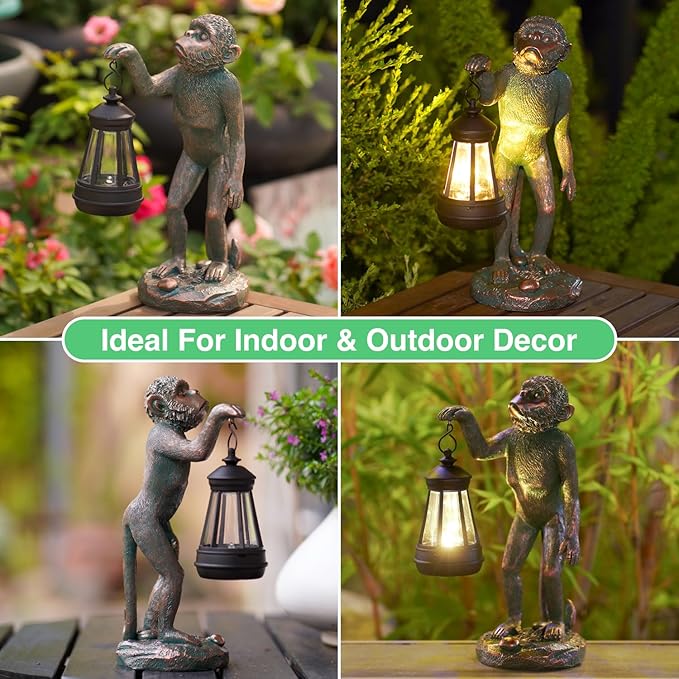 Garden Statue Monkey Figurine - Monkey Decor with Solar Powered Led Lights for Patio Lawn Balcony Yard - Ideal Gift for Women Moms Grandma Housewarming (Copper)-VerdiqueGarden