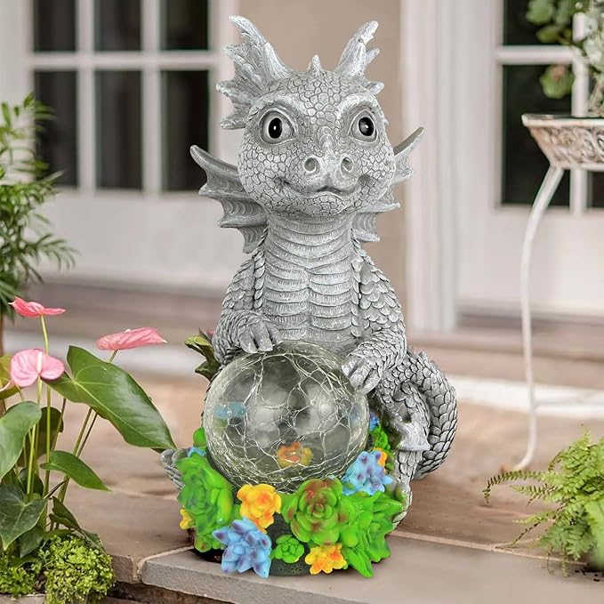Solar Garden Outdoor Statues Dragon Holding Magic Orb with Solar LED Lights - Lawn Decor Outdoor Statue for Patio, Balcony, Yard Ornament,Unique Gifts for Mom Grandma-VerdiqueGarden