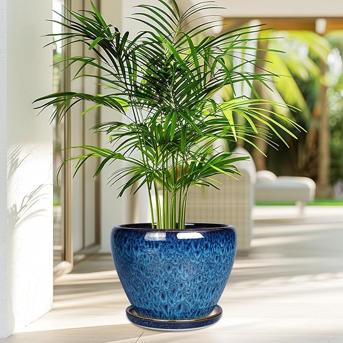 10 Inch Ceramic Planter Pot, Ceramic Plant Pot for Indoor Outdoor Plants, Large Flower Pot with Drainage Hole and Saucer, Blue-VerdiqueGarden
