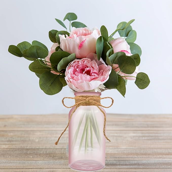 Vintage Glass Flower Vase,12 Pack Pink Farmhouse Glass Centerpiece Vases Mason Jars for Weddings, Parties & Home Decor Bulk (12, Pink)-VerdiqueGarden