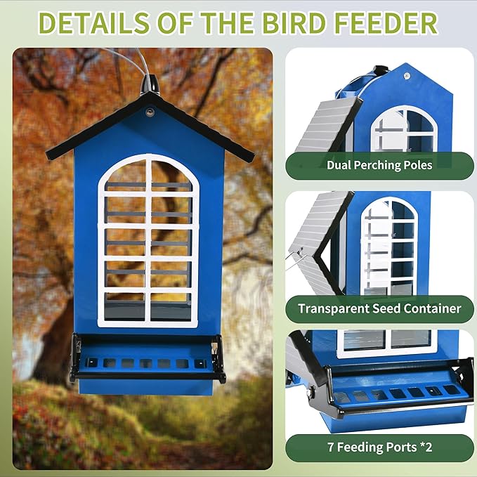 Bird Feeder Squirrel Proof Metal Hanging for Outdoor Wild Bird Seed, 5LBS with Bilateral Weight-Activated Perches, Heavy Duty Bird Feeders for Outside Wild Bird - Blue-VerdiqueGarden