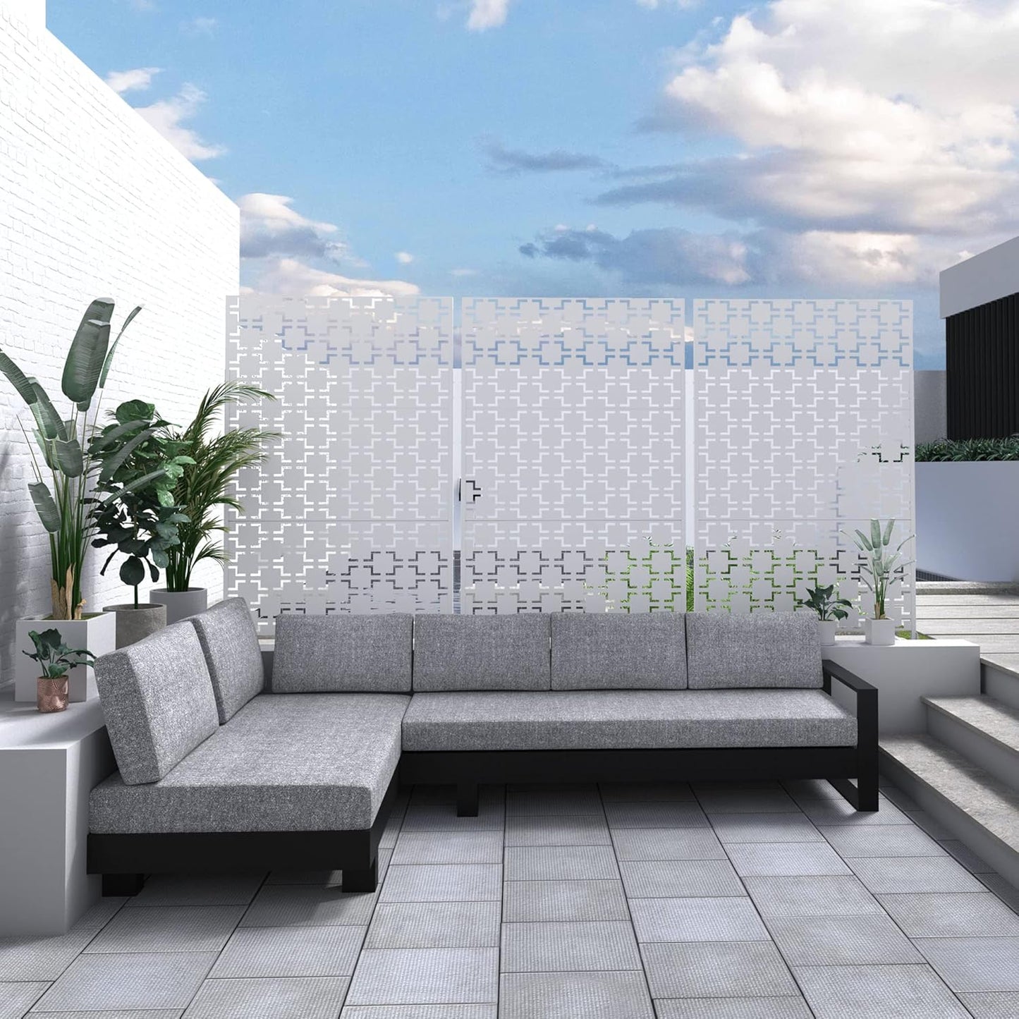 Metal Privacy Screen Outdoor 72" H×47" W,Freestanding Decorative Privacy Screen for Balcony Yard&Garden,Privacy Fence-White&Square-VerdiqueGarden