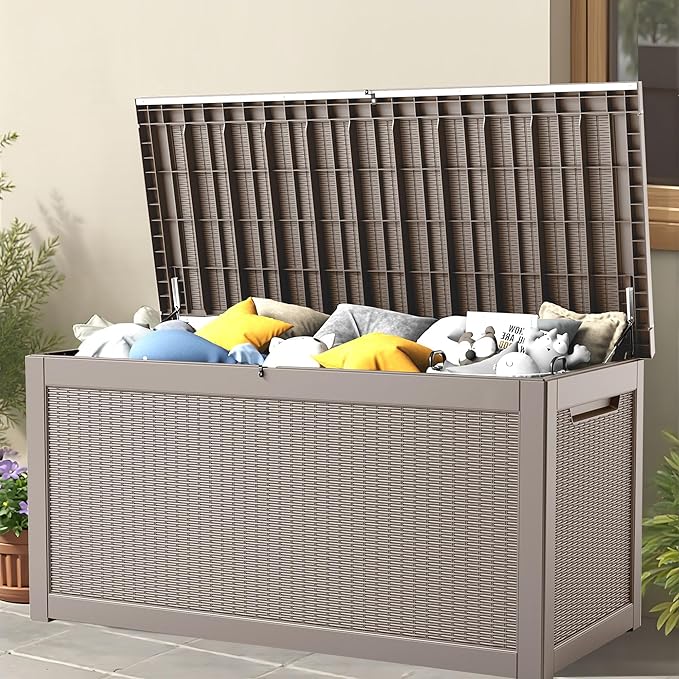 260 Gallon Storage Box, Waterproof Resin Deck Box with Steel Support & Hydraulic Rod, Lockable Storage Bench for Indoor & Outdoor Use, Storage Bin for Patio Cushions, Garden Tools, Grey-VerdiqueGarden