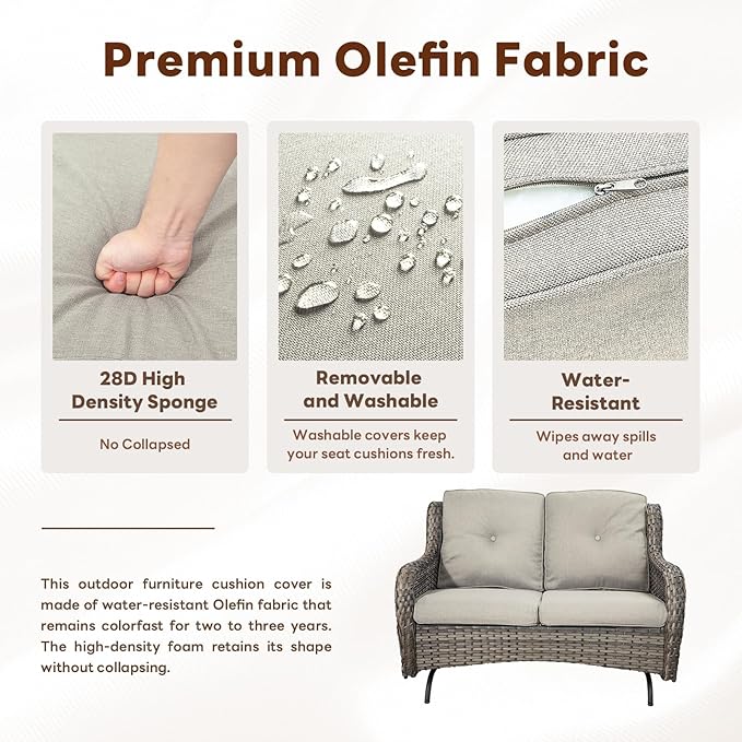 5 Piece Outdoor Patio Furniture Set - Outdoor Conversation Couch and Loveseat Glider Chair Furniture Set with Rattan Coffee Table for Deck Balcony Poolside Gray Wicker/Grey Cushions-VerdiqueGarden